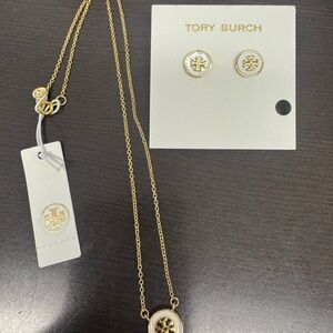 Tory Burch (2-piece) White/Gold Necklace and Stud Earrings Set-New